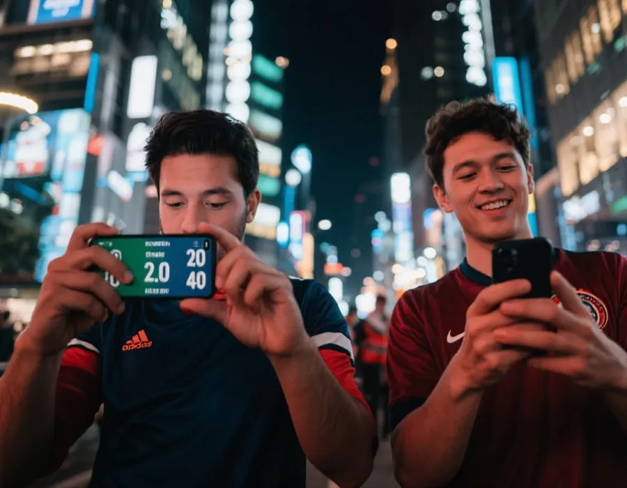 球迷通过手机查看世界杯实时比分示意图