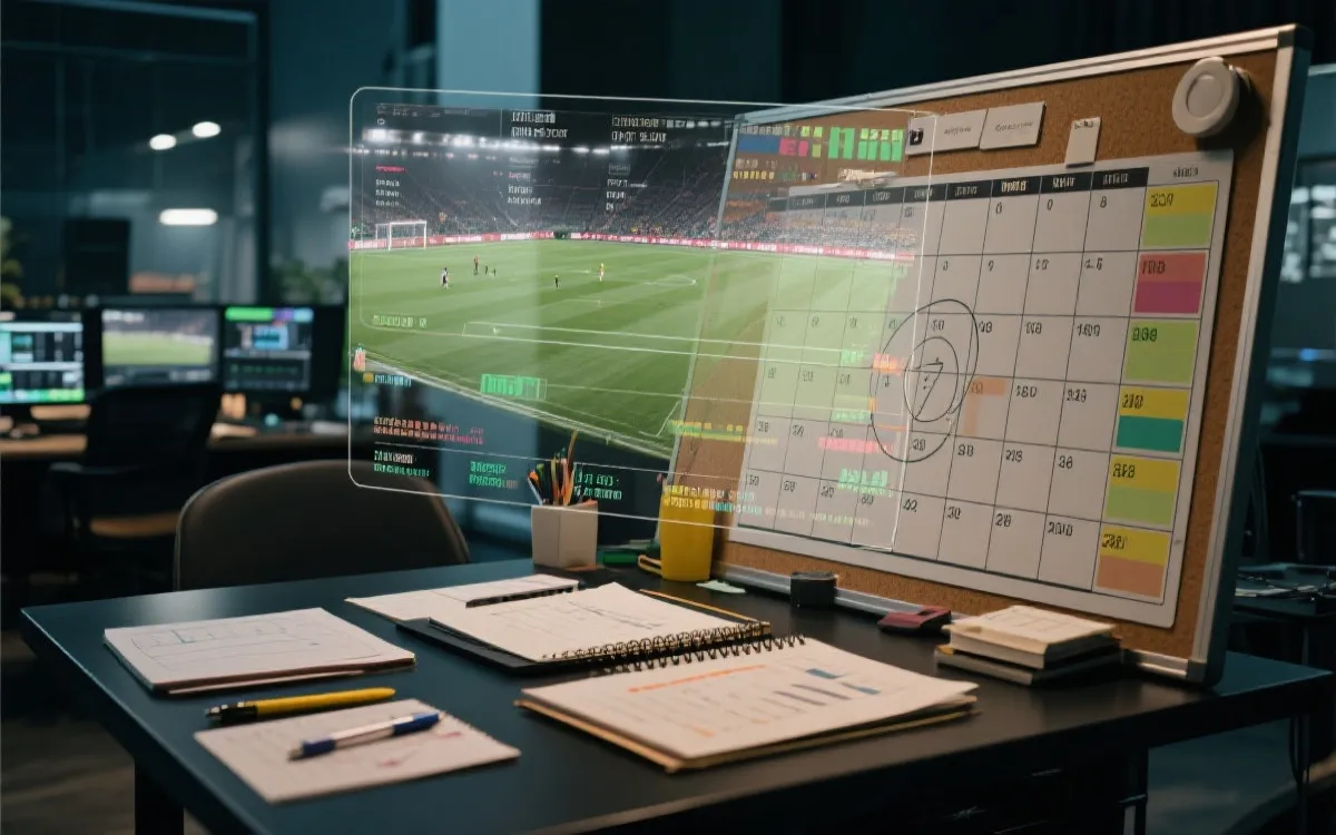 多屏幕数据与战术板叠加，象征媒体使用的数据与叙事来源差异