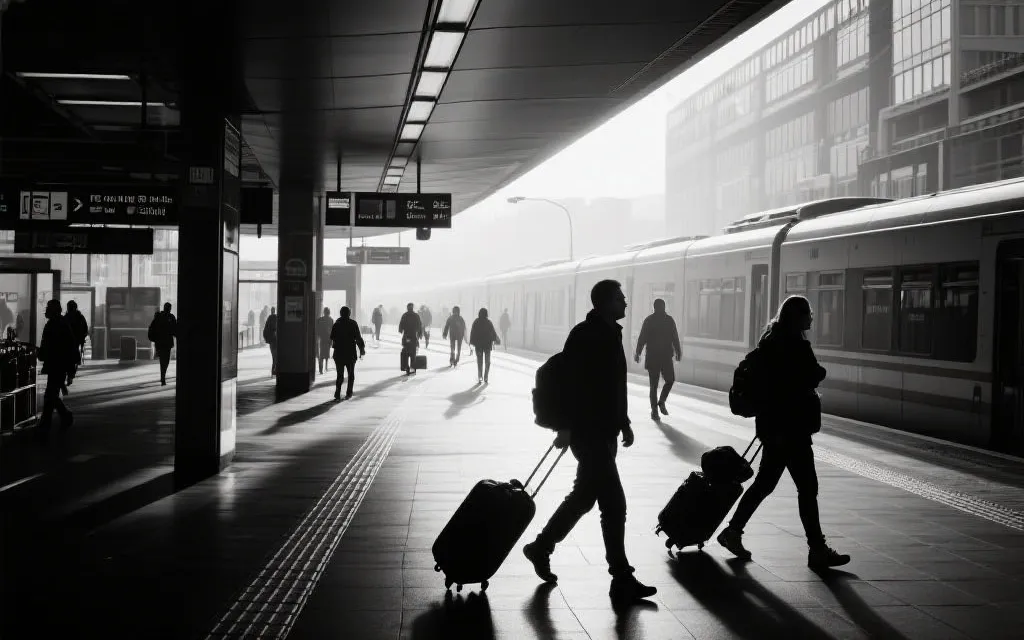 城市交通枢纽与人流动线示意，旅行者拖着行李步行