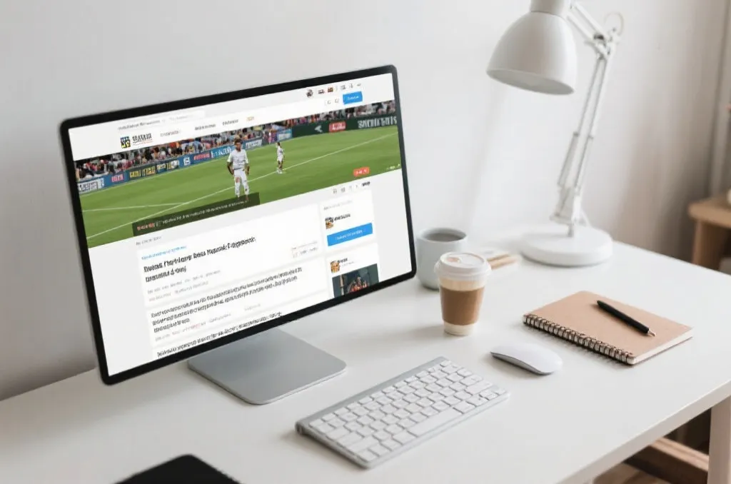 桌面上打开比赛战报和文字直播页面,旁边放着咖啡和笔记本,清爽高效的晨间工作场景